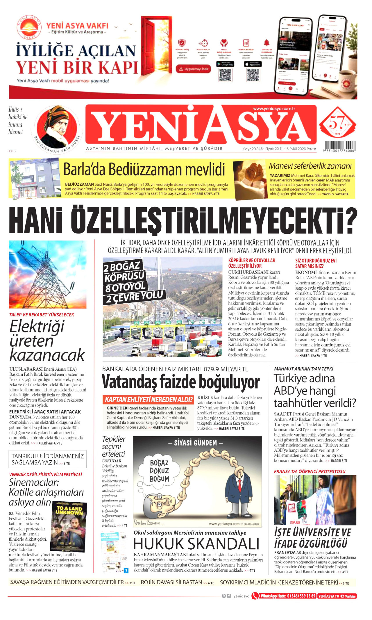 Yeni Asya Gazetesi gazetesi manşeti