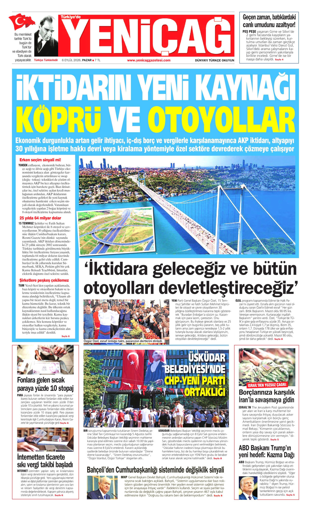 Yeniçağ Gazetesi gazetesi manşeti